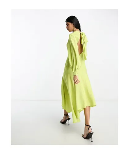 ASOS DESIGN Womens high neck tie back midaxi dress with asymmetric hem and keyhole front in lime-Green