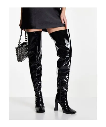 ASOS DESIGN Womens Kensington high-heeled square toe over the knee boots in black patent
