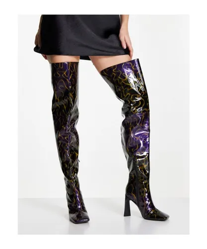 ASOS DESIGN Womens Kensington high-heeled square toe over the knee boots in multi patent - Multicolour
