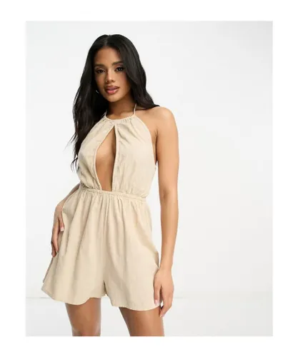 ASOS DESIGN Womens keyhole beach playsuit in natural-Neutral - Stone