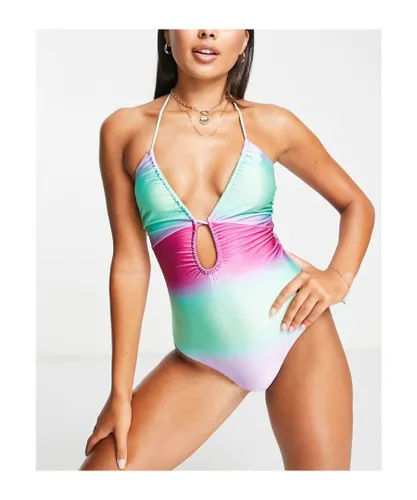 ASOS DESIGN Womens keyhole ruched front swimsuit in ombre print-Multi - Multicolour