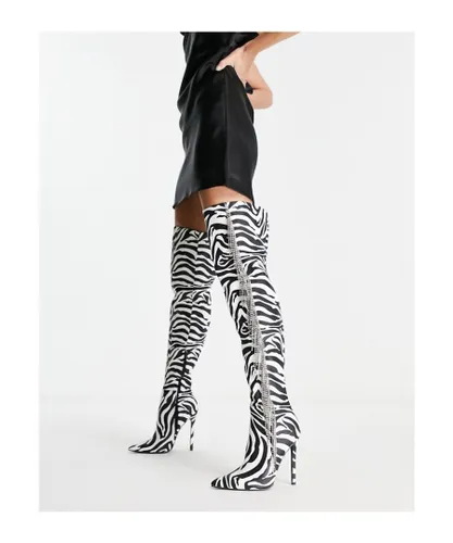 ASOS DESIGN Womens Kim embellished heeled over the knee boots in zebra-Multi - Black