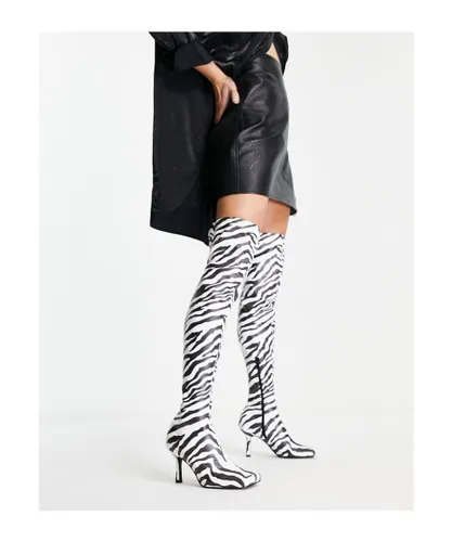 ASOS DESIGN Womens Kindred heeled square toe over the knee boots in zebra-Multi - Black