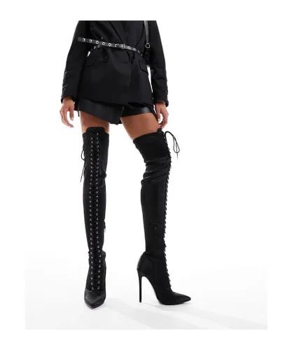 ASOS DESIGN Womens Kiss pointed lace up over the knee boots in black satin