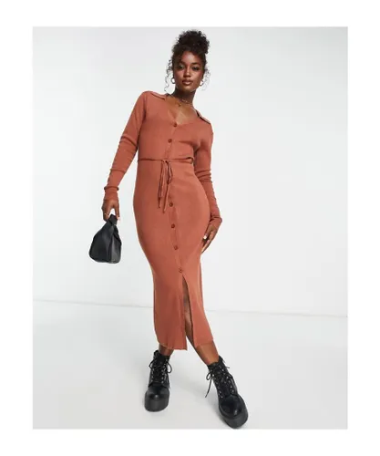 ASOS DESIGN Womens knitted midi dress with open collar and tie waist in brown