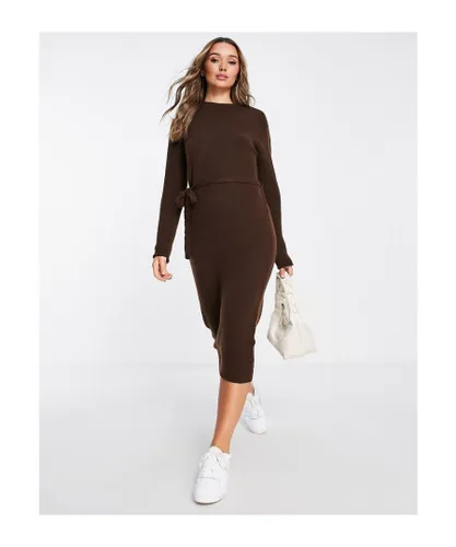 ASOS DESIGN Womens knitted midi dress with tie waist in brown