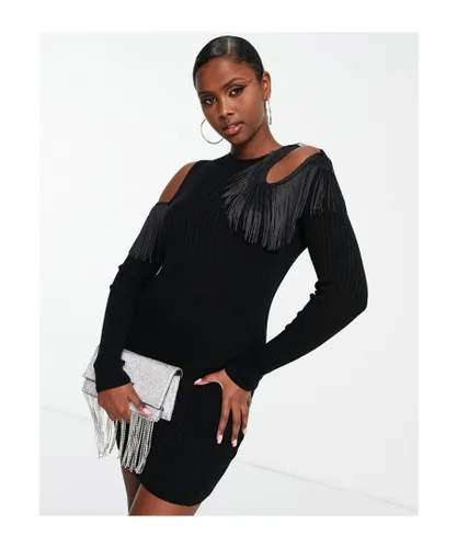 ASOS DESIGN Womens knitted mini dress with fringe cut out detail in black