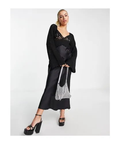 ASOS DESIGN Womens long sleeve crochet bodice satin maxi dress in black
