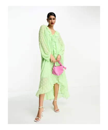 ASOS DESIGN Womens long sleeve ruffle front dobby midi dress in sage green