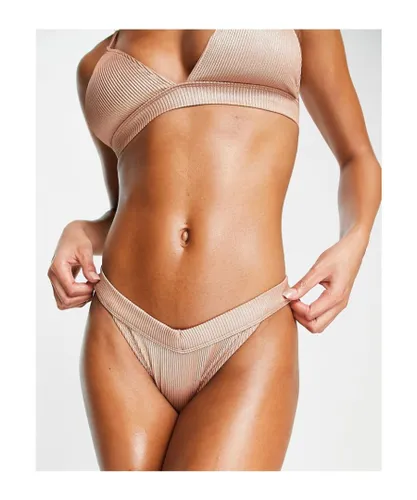 ASOS DESIGN Womens metallic rib v front high leg hipster bikini bottom in golden rust - Gold