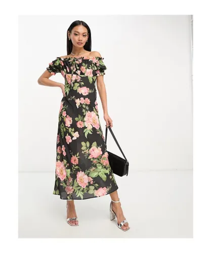 ASOS DESIGN Womens milkmaid bardot midi dress with tie front neck in rose floral-Multi - Multicolour