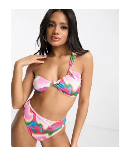 ASOS DESIGN Womens mix and match twist one shoulder bikini top in pink abstract smudge print-Multi - Multicolour