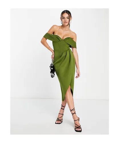 ASOS DESIGN Womens off shoulder corset midi dress in olive-Green