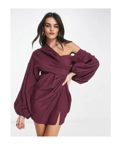ASOS DESIGN Womens off shoulder drape mini dress with balloon sleeve in wine-Red - Burgundy