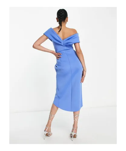 ASOS DESIGN Womens off shoulder twist front midi dress in blue