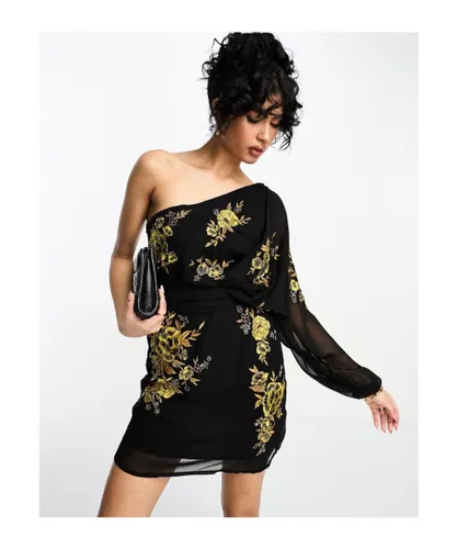ASOS DESIGN Womens one shoulder chiffon mini dress in black with marigold floral artwork