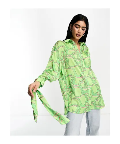 ASOS DESIGN Womens oversized satin shirt with tie cuff detail in green heart print-Multi