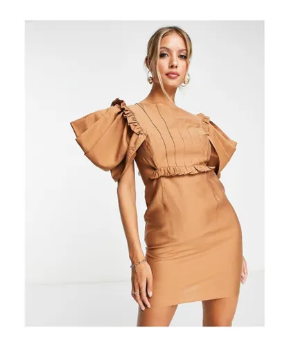 ASOS DESIGN Womens pin tuck mini dress with puff sleeve & cut out waist detail in tan-Brown