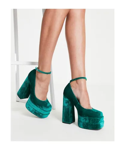 ASOS DESIGN Womens Pistol double platform heeled shoes in teal velvet-Blue - Green