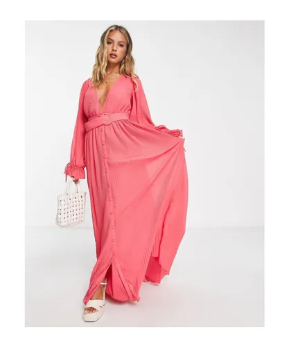 ASOS DESIGN Womens pleated blouson sleeve maxi dress with belt detail in pink