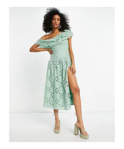 ASOS DESIGN Womens premium one shoulder midi dress in patched lace in sage-Green