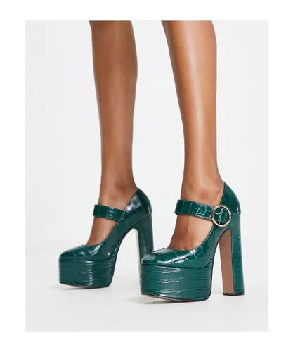ASOS DESIGN Womens Preppy mary jane platform high shoes in green croc - Dark Green