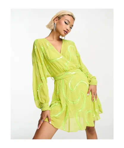 ASOS DESIGN Womens rouleaux loop tie waist mini dress with swirl embellishment-Green