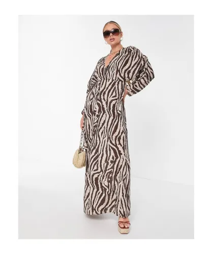 ASOS DESIGN Womens ruched long sleeve plunge crinkle beach maxi dress in animal print-Multi - Multicolour
