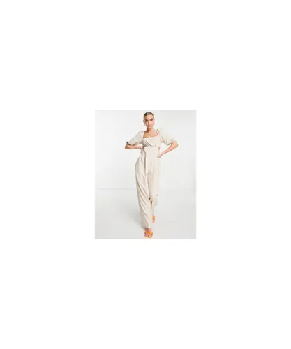 ASOS DESIGN Womens ruched waist puff sleeve linen jumpsuit in stone-Neutral Viscose/Linen