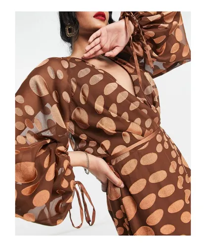 ASOS DESIGN Womens satin jacquard warped spot wrap maxi dress with tie waist-Brown