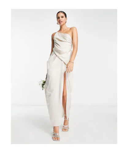 ASOS DESIGN Womens satin one shoulder strappy maxi dress with slit in ivory-Grey - White