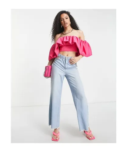 ASOS DESIGN Womens scuba off shoulder top with exaggerated sleeve in pink