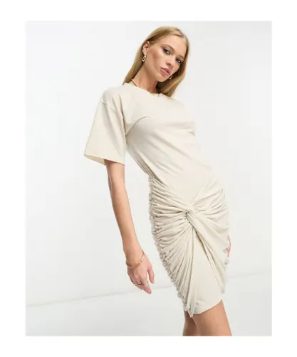 ASOS DESIGN Womens short sleeve mini dress with drape side detail in oat-White - Beige
