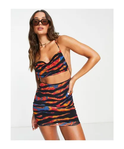 ASOS DESIGN Womens strappy cut out mini dress in blue and orange abstract animal-Multi - Multicolour