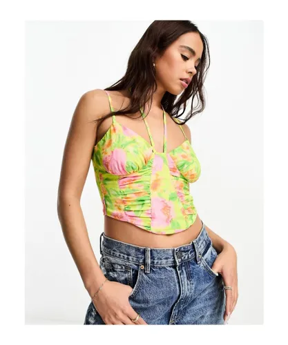 ASOS DESIGN Womens strappy soft corset with ruching in yellow floral print-Multi - Multicolour
