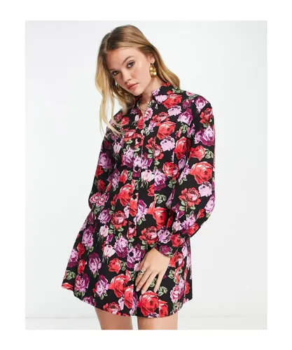ASOS DESIGN Womens twill flippy mini shirt dress in rose print-Multi - Multicolour
