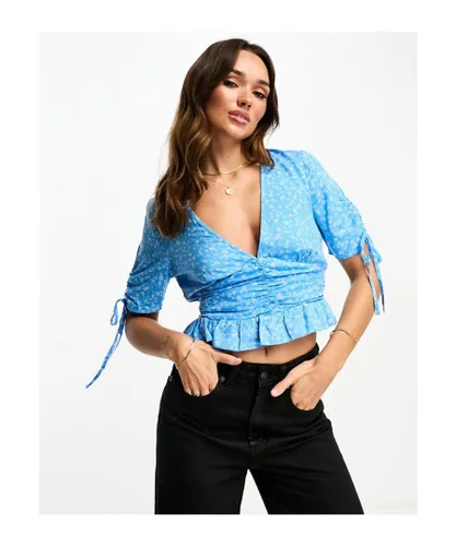 ASOS DESIGN Womens v neck tea blouse with ruched waist detail and peplum hem in blue ditsy print-Multi
