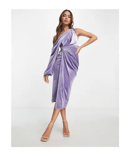 ASOS DESIGN Womens velvet one shoulder draped midi pencil dress in slate lilac-Blue