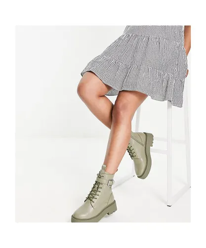 ASOS DESIGN Womens Wide Fit Alix chunky lace up ankle boots in khaki-Green