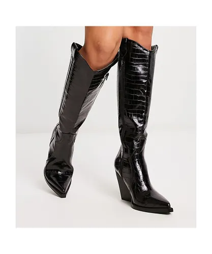 ASOS DESIGN Womens Wide Fit Catapult heeled western knee boots in black croc