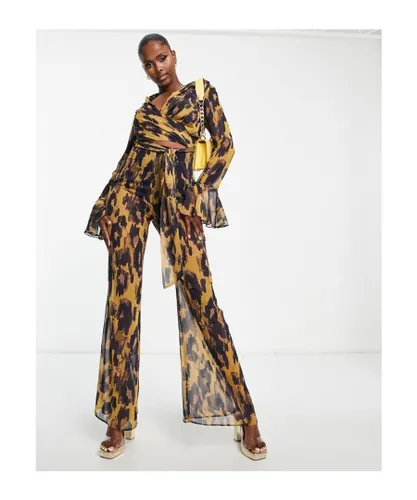 ASOS DESIGN Womens wrap front jumpsuit with fluted sleeve in leopard print-Multi - Multicolour