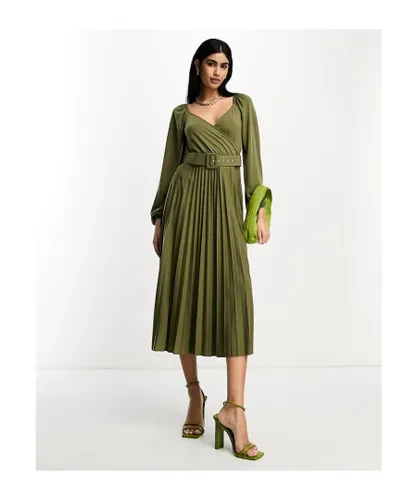 ASOS DESIGN Womens wrap front midi dress with pleat skirt and belt in khaki-Green