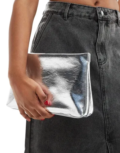 ASOS DESIGN zip top clutch bag in metallic silver