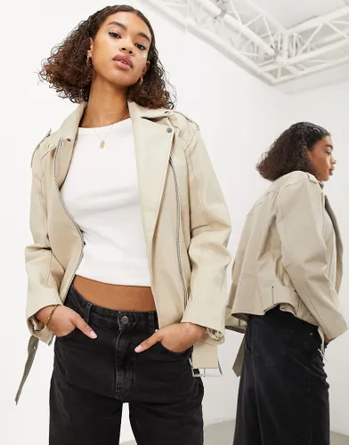 ASOS EDITION real leather oversized biker jacket in stone-Neutral