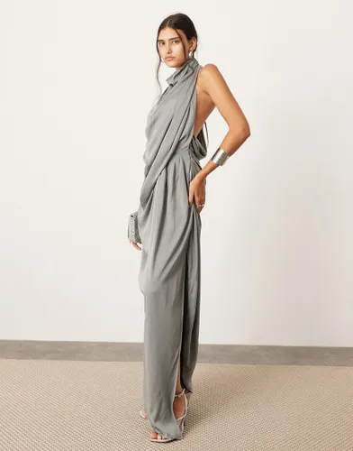 ASOS EDITION sleeveless draped slouchy halter midi dress in grey-Black
