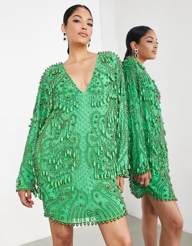 ASOS EDITION v neck embellished mini shift dress with teardrop beads in bright green
