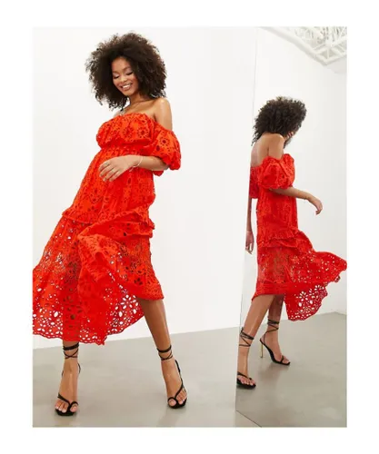 ASOS EDITION Womens blouson off shoulder tiered broderie midi dress in tomato red