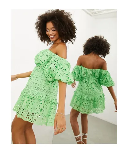 ASOS EDITION Womens blouson off shoulder tiered broderie mini dress in bright green