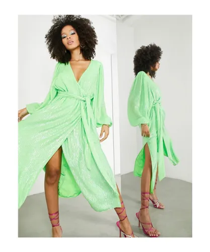 ASOS EDITION Womens crystal sequin wrap midi dress with blouson sleeve in lime green