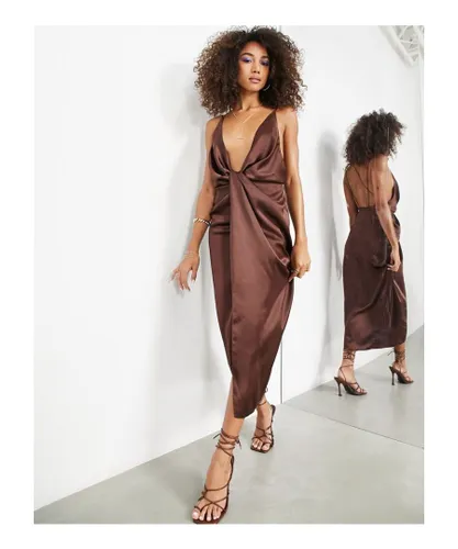 ASOS EDITION Womens satin cami midi dress with drape wrap skirt in chocolate brown
